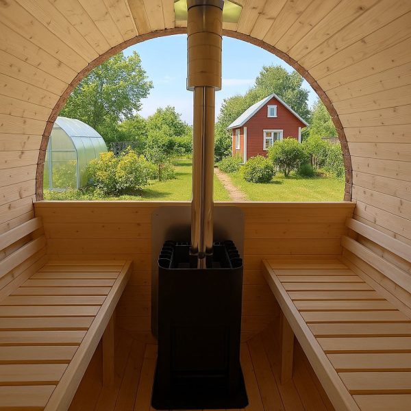 Panoramic glass rear wall for barrel sauna